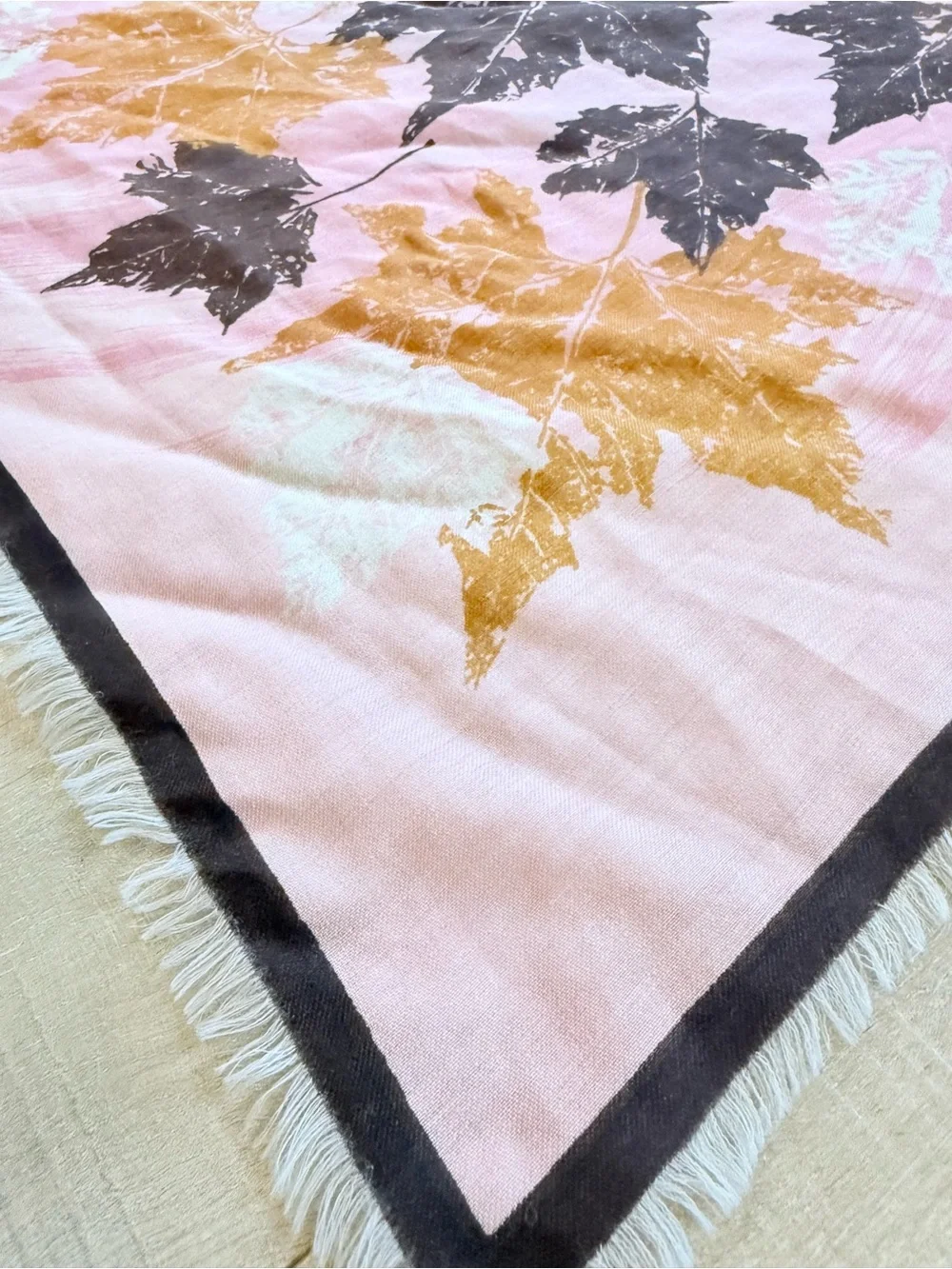 VTG Leaf Print large Square wool scarf 30.5 x 30.5 Pink Burgundy brown mustard